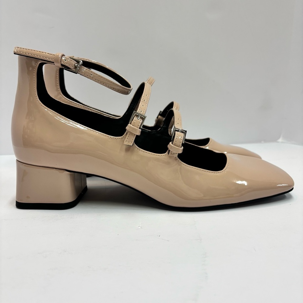 Zara Nude Patent Leather Multi-Strap Block Heel Square Toe Mary Jane’s Sz 8/EU38 - Picture 3 of 14